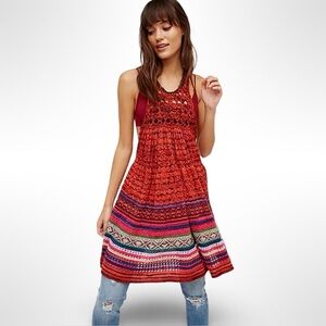 Free People Rare Hearts Red Knit Crochet Sweater Tunic Mini Dress XS